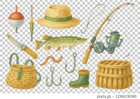 Png watercolor fishing set with hat, fish, hooks, and gear isolated on transparent background. concept of fishing clip art, outdoor adventure, nature illustration, equipment elements. Png watercolor fishing set with hat, fish, hooks, and gear isolated on transparent background. concept of fishing clip art, outdoor adventure, nature illustration, equipment elements. 126629090