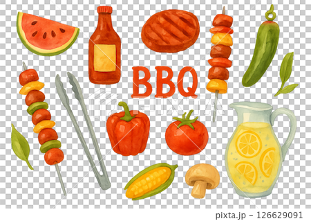 Png watercolor picnic set with bbq elements, vegetables, and fruits isolated on transparent background. concept of outdoor dining, grilled food illustration, summer meal design. Png watercolor picnic set with bbq elements, vegetables, and fruits isolated on transparent background. concept of outdoor dining, grilled food illustration, summer meal design. 126629091