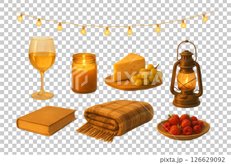 Png cozy evening scene set with wine, cheese, candle, lantern, book, and fruits isolated on transparent background. concept of relaxation, tranquility, home comfort. 126629092