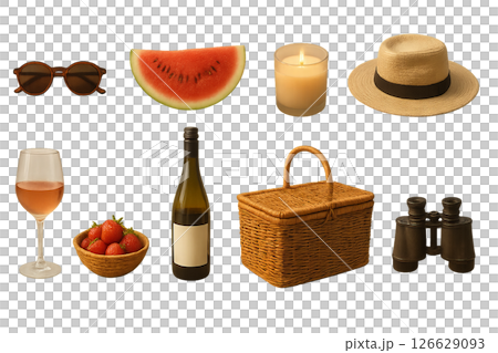 Png set of summer evening relaxation items with beverage, fruits, and accessories isolated on transparent background. concept of picnic essentials, leisure decor, cozy atmosphere. 126629093