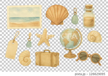Png vintage beach travel elements set with seashells, globe, and postcard isolated on transparent background. concept of vacation decor, nautical theme, oceanside relaxation clip art 126629095