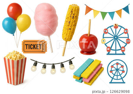 Png set of fairground elements with balloons, cotton candy, popcorn, tickets, and ferris wheels isolated on transparent background. concept of carnival decor and amusement park fun. 126629098