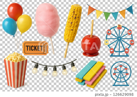 Png set of fairground elements with balloons, cotton candy, popcorn, tickets, and ferris wheels isolated on transparent background. concept of carnival decor and amusement park fun. 126629098