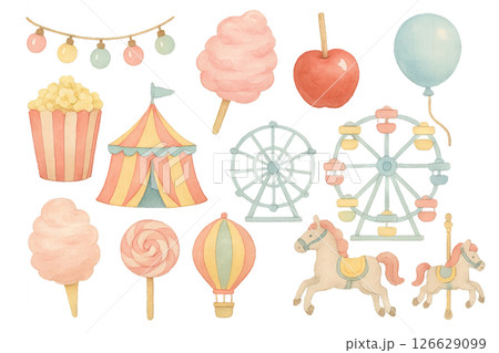Png watercolor fair elements with cotton candy, popcorn, and carousel horses isolated on transparent background. concept of carnival decor, amusement park, festival illustration. 126629099