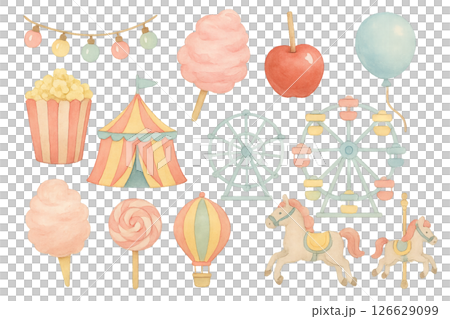 Png watercolor fair elements with cotton candy, popcorn, and carousel horses isolated on transparent background. concept of carnival decor, amusement park, festival illustration. 126629099