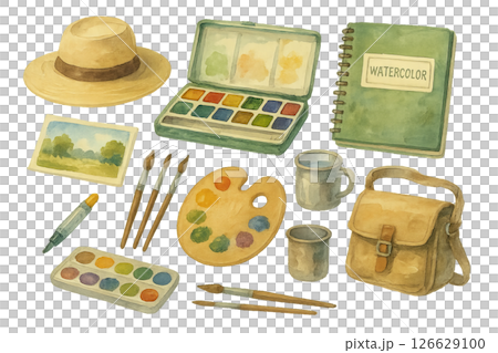 Png watercolor art set with brushes, palette, hat, notebook, and cups isolated on transparent background. concept of painting essentials, artist supplies, creative toolkit illustration 126629100
