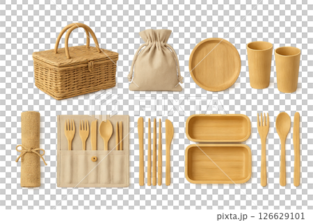Png eco-friendly picnic set with wicker basket, cutlery, and bamboo items isolated on transparent background. concept of sustainable outdoor dining, zero waste, reusable picnicware. 126629101