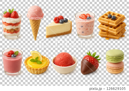 Png delicious summer desserts set with ice cream, cheesecakes, and waffles isolated on transparent background. concept of sweet treats, cafe menu, dessert selections. 126629105