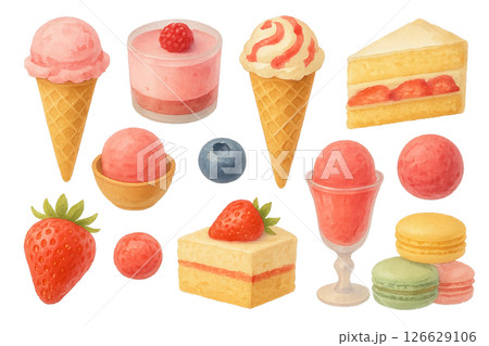 Png watercolor summer desserts set with ice cream, cakes, and berries isolated on transparent background. concept of sweet treats, patisserie art, fruity dessert collection. clip art for design, 126629106