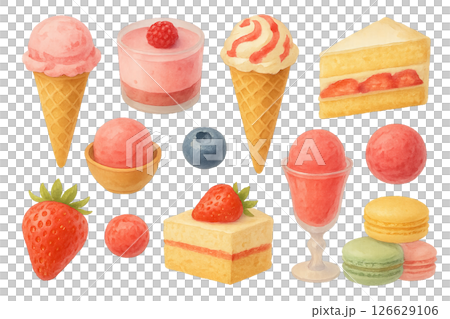 Png watercolor summer desserts set with ice cream, cakes, and berries isolated on transparent background. concept of sweet treats, patisserie art, fruity dessert collection. clip art for design, 126629106