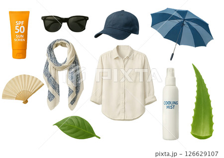 Png summer protection set with sun screen, accessories, and cooling mist isolated on transparent background. concept of sun safety, travel essentials, outdoor comfort. 126629107