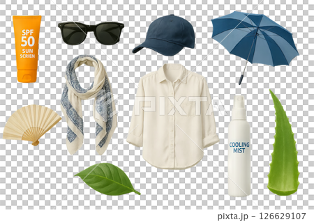 Png summer protection set with sun screen, accessories, and cooling mist isolated on transparent background. concept of sun safety, travel essentials, outdoor comfort. 126629107