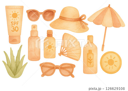 Png set of sunscreen protection essentials including sunglasses, hats, and lotions isolated on transparent background. concept of sun safety, summer accessories, vacation items. watercolor 126629108