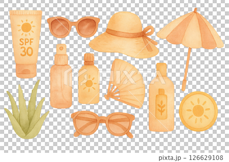 Png set of sunscreen protection essentials including sunglasses, hats, and lotions isolated on transparent background. concept of sun safety, summer accessories, vacation items. watercolor 126629108