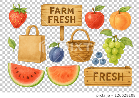 Png watercolor farm market set with fresh fruits, baskets, and wooden signs isolated on transparent background. concept of farmer's market decor, organic produce, rustic illustration. 126629109