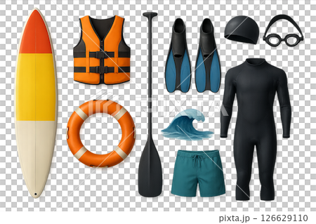 Png set of summer water sports equipment isolated on transparent background. concept of surfing gear, safety equipment, aquatic adventure, paddleboard elements, beach fun. 126629110