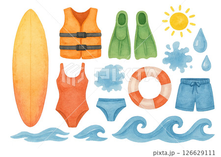 Png watercolor set of sports water equipment and swimwear isolated on transparent background. concept of beach activities, water sports gear, summer vacation essentials 126629111