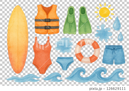 Png watercolor set of sports water equipment and swimwear isolated on transparent background. concept of beach activities, water sports gear, summer vacation essentials 126629111
