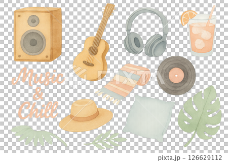 Png watercolor summer music instruments set with acoustic guitar, vinyl, speaker, tropical leaves, and drink isolated on transparent background. concept of relaxing vibes, musical decor, artistic 126629112