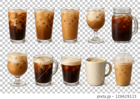 Png set of iced coffee drinks variety with different styles and presentations isolated on transparent background. concept of cold beverages, coffee shop menu, summer drink selection 126629113