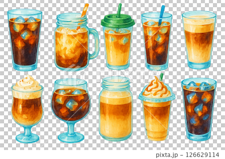 Png set of watercolor coffee drinks with ice and cream isolated on transparent background. concept of cafe illustration, beverage art, coffeehouse decor, and drink graphics 126629114