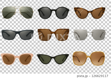Png collection of stylish summer sunglasses isolated on transparent background. concept of fashionable eyewear, seasonal accessories, chic sun protection. sunglasses set for design, lifestyle 126629117