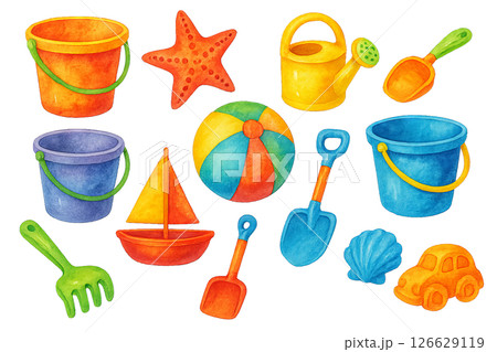 Png set of colorful children's beach toys including buckets, shovels, starfish, ball, and watering can isolated on transparent background. concept of summer play, seaside fun, kids activities. 126629119