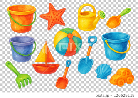 Png set of colorful children's beach toys including buckets, shovels, starfish, ball, and watering can isolated on transparent background. concept of summer play, seaside fun, kids activities. 126629119