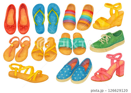 Png watercolor summer shoes collection isolated on transparent background. concept of fashionable footwear, seasonal style, bright shoe designs. illustrative art for fashion design, creative projects. 126629120