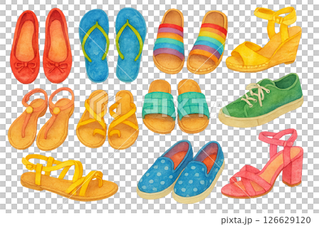Png watercolor summer shoes collection isolated on transparent background. concept of fashionable footwear, seasonal style, bright shoe designs. illustrative art for fashion design, creative projects. 126629120