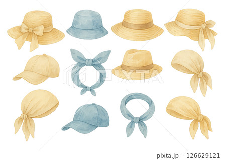 Png set of summer hats and scarves isolated on transparent background. concept of beach headwear, fashionable sun protection, casual accessories for summer. clip art for design, editable elements 126629121