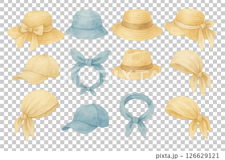 Png set of summer hats and scarves isolated on transparent background. concept of beach headwear, fashionable sun protection, casual accessories for summer. clip art for design, editable elements 126629121