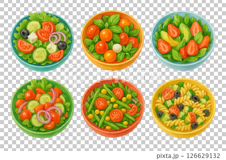 Png set of colorful summer salads with fresh vegetables isolated on transparent background. concept of healthy food, summer dishes, vibrant meal, salad illustration. watercolor Png set of colorful summer salads with fresh vegetables isolated on transparent background. concept of healthy food, summer dishes, vibrant meal, salad illustration. watercolor 126629132