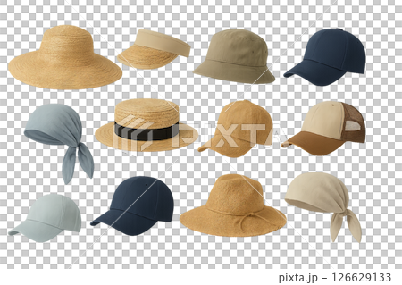 Png set of summer hats and headwear collection isolated on transparent background. concept of stylish accessories, sun protection, fashion essentials, headgear illustration. 126629133