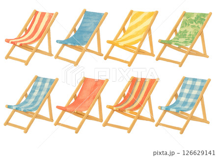 Png set of colorful beach chairs with striped and patterned fabric isolated on transparent background. concept of seaside furniture, summer decor, outdoor leisure elements. 126629141