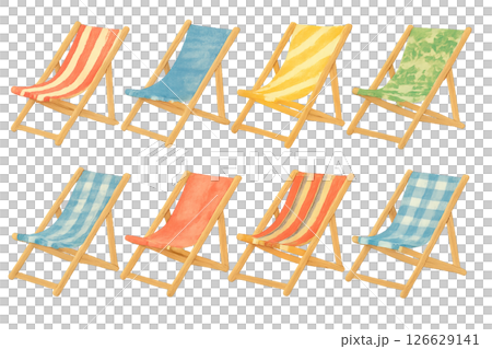 Png set of colorful beach chairs with striped and patterned fabric isolated on transparent background. concept of seaside furniture, summer decor, outdoor leisure elements. 126629141