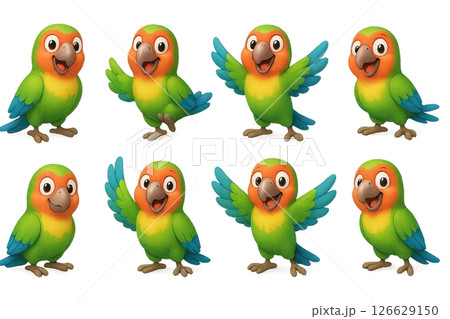 Png set of colorful playful parrot illustrations in various poses isolated on transparent background. concept of vibrant bird clip art, exotic wildlife, animal characters for design. 126629150