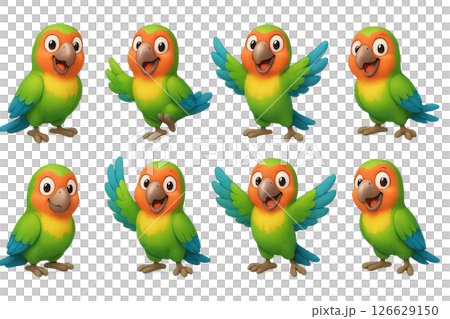 Png set of colorful playful parrot illustrations in various poses isolated on transparent background. concept of vibrant bird clip art, exotic wildlife, animal characters for design. 126629150