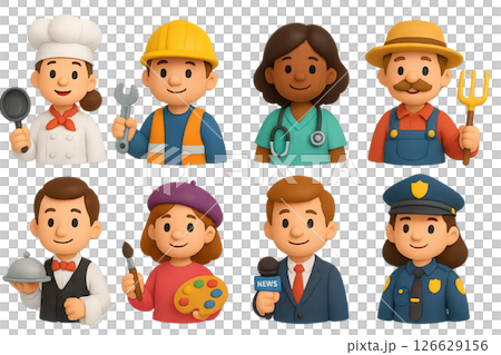 Png set of 3D cartoon job people characters with diverse professions isolated on transparent background. concept of occupational icons, professional diversity, career clip art, professions 126629156