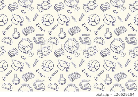 School seamless pattern in doodle style on a beige background. Back to school design supplies notebook, globe, calculator, calendar, basketball ball, alarm. School seamless pattern in doodle style on a beige background. Back to school design supplies notebook, globe, calculator, calendar, basketball ball, alarm. 126629184
