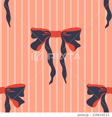 Modern ribbon bows vector seamless pattern. Trendy repeat tile with dark navy blue bowknots on striped pink background. Elegant preppy design for wrapping paper, wallpaper, fabrics, media  126629213