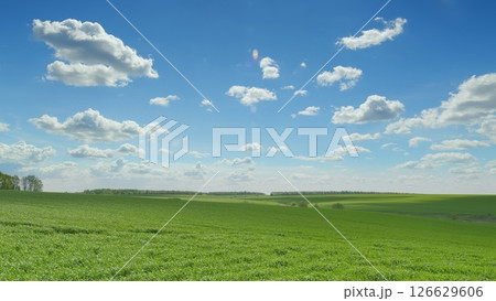 A Beautiful and Scenic Landscape Featuring Lush Green Fields Beneath a Clear Blue Sky 126629606
