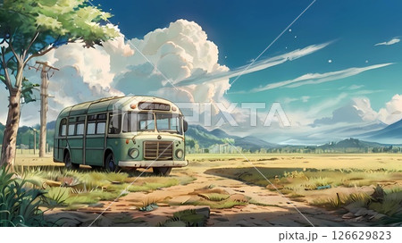 ゲーム背景　草原を走る田舎のレトロバス 126629823