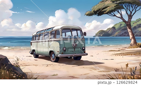 ゲーム背景　海辺に停まる田舎のレトロバス 126629824