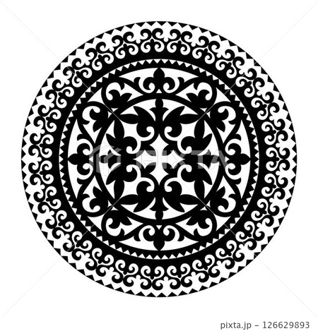 Black round vector Kazakh national ornament, persian motiff. Abstract Asian element of the national pattern of the ancient nomads of the Kazakhs, Kyrgyz, Mongol, Tatars, Uzbek, Tajik, Kalmyk, Buryats 126629893