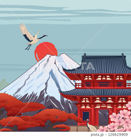 Vintage Japanese Mont Fuji and Pagoda Illustration 126629909