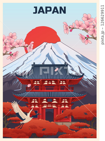 Vintage japanese Illustration with Pagoda and Mont Fuji 126629911