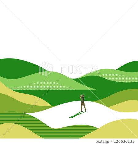 Conceptual collage. Man swings golf club on smooth white course in stylized green hills with bold outlines and layered field patterns under bright abstract sky. 126630133
