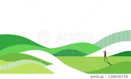 Conceptual art design. Golfer frozen mid-swing among rhythmic green stripes, abstract grass textures and horizon curves reflecting structure and concentration in sport. 126630139