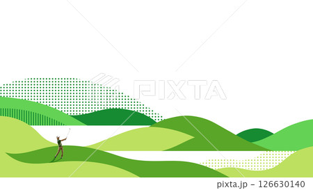 Creative art collage. Golf player strikes ball across conceptual green field with graphic hills, dot sky and elongated shadows emphasizing power and distance. Copy space. 126630140